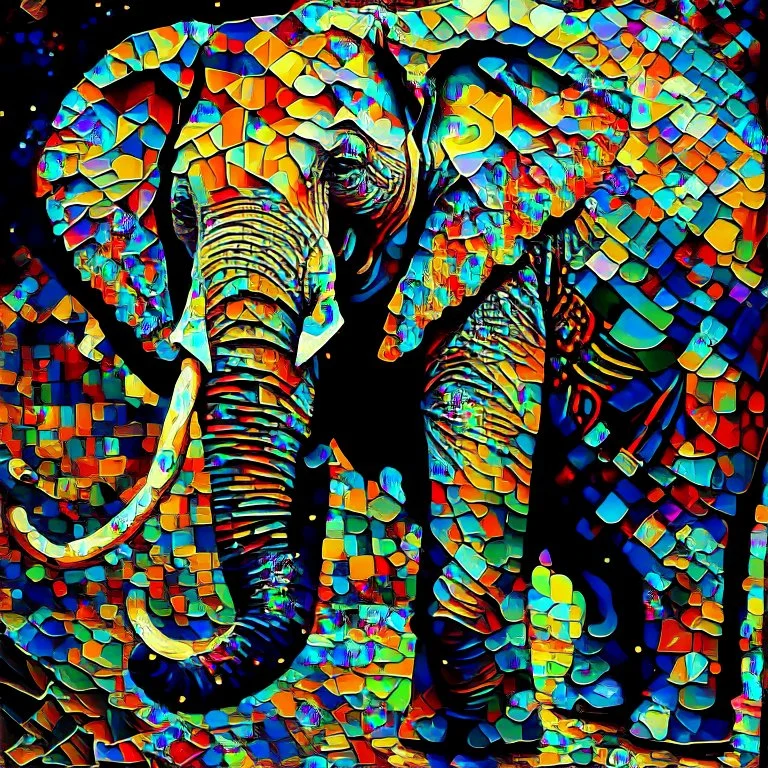 Listen said the elephant It is conservation time. Salvador Dali style, painting, patchwork, cosmic Modifiers: highly detailed fantastic view colourful quilling Leonid Afremov cosmic painterly patchwork