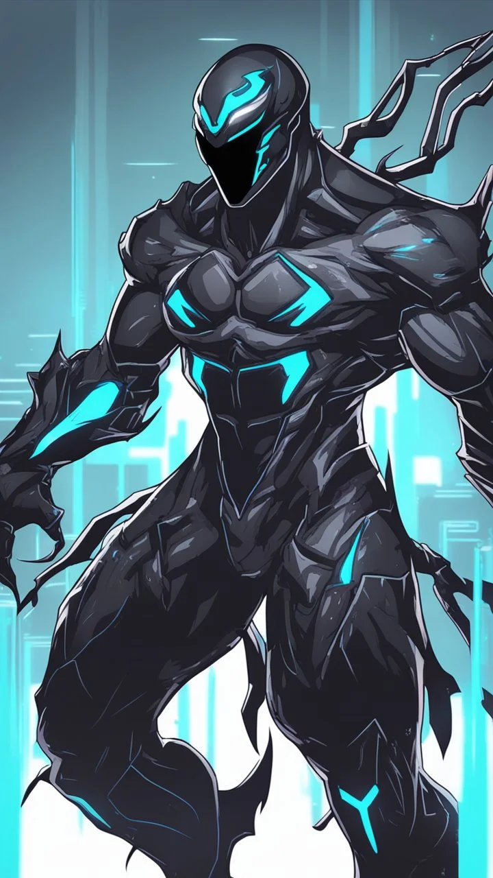 Mix between genji and venom symbiote in solo leveling shadow style with neon glowing blue