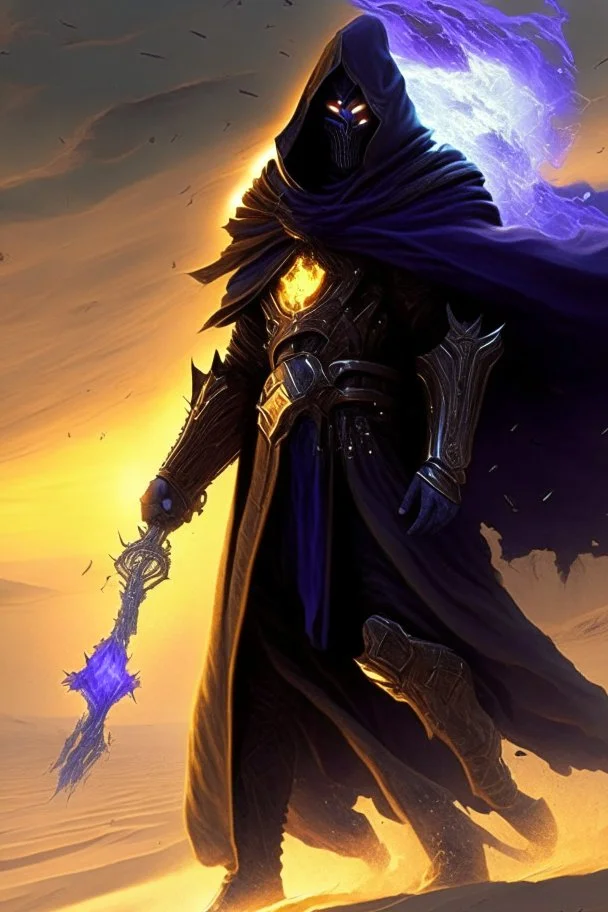 Thanos is the god of power and evil The commander wears a black cloak and a long coat with long combat boots and a long spear with a hat under his cloak with blue flame eyes, a sword like a spear The sun in the palm of a brave man in the middle of the desert A battle iron suit with the ability to fly, made for humans