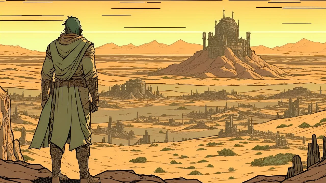 Desert warrior from behind looking at a city on a plateau in the distance, comic style