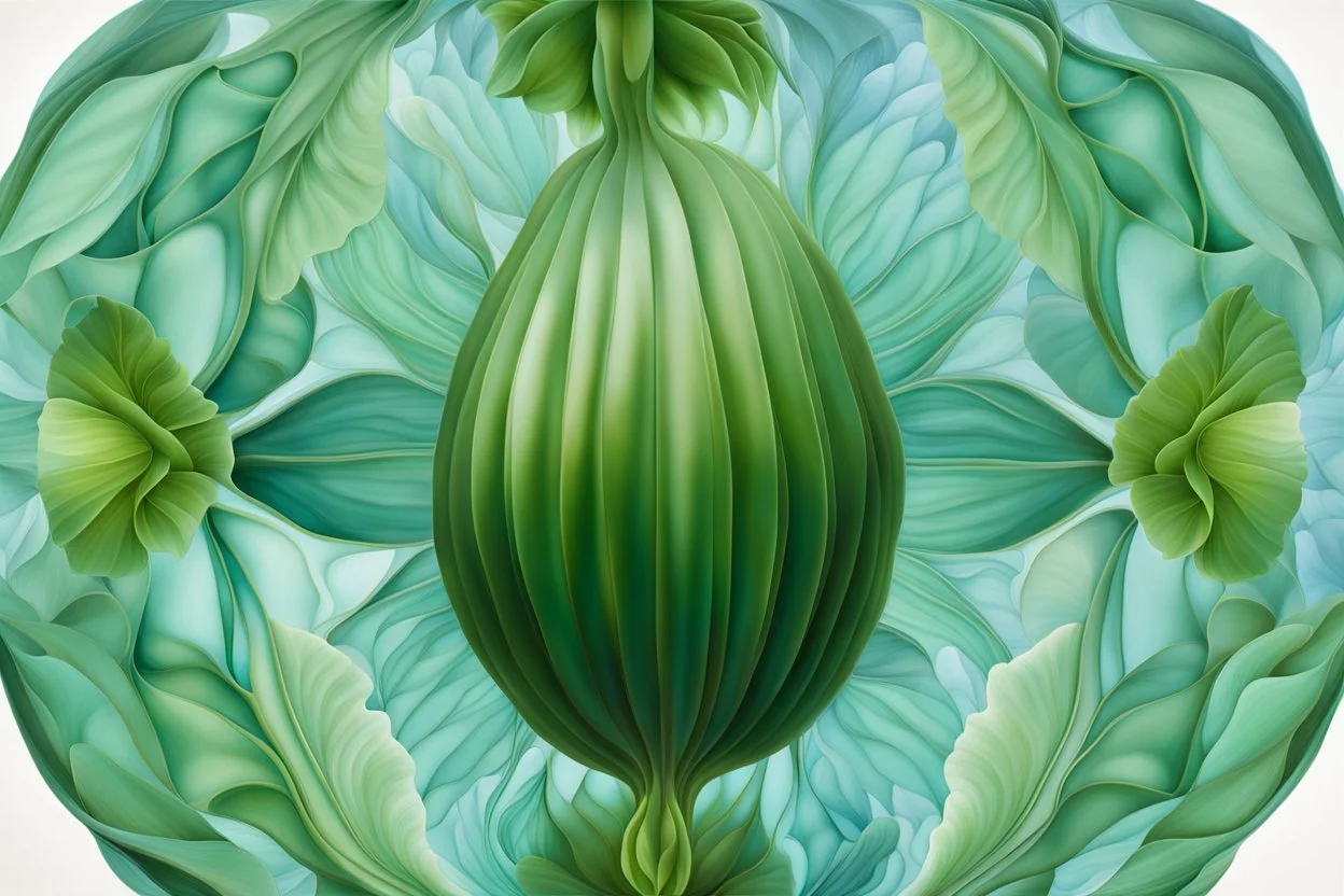 A mesmerizing depiction of dark green botanic organ mutation, inside translucent bulging glass petals. This exquisite image, possibly a painting or digital artwork, captures the complexity and elegance of this bizarre subject.the external presentation is a light blue beautiful and fragile pretty opacity, but inside is a horror muatation of botanical ecco sexual evolution. Every intricate detail is meticulously rendered, showcasing the strangeness and beauty in this strangely captivating world. T