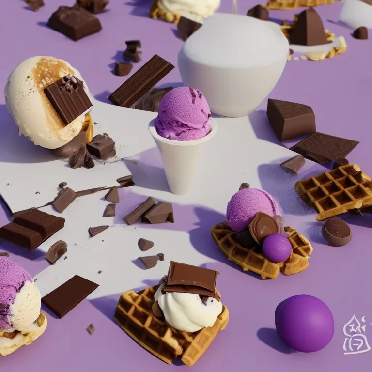 ice cream, waffle, chocolate, purple, realistic, render, 8k, hyper realistic