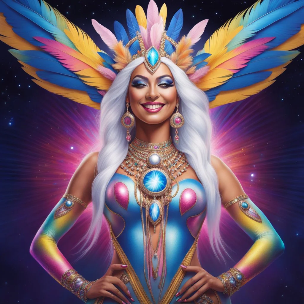 full body photorealistic portrait of a beautiful smiling amazonian carnival spiritual goddess with long parma white hair, colorful feathers tight hips with a tron like body suit tribute to the galaxy in a cosmic surounding only blue , pink and yellow, crystal jewels