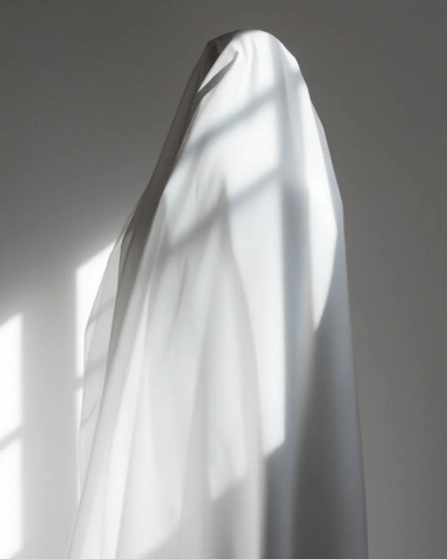 The blurred body of the mannequin is photographed from behind, its form obscured by an abstract white veil that adds to its enigmatic presence in the scene. The light casting on it creates a play between shadow and shape, adding depth to what could be seen as a minimalist portrait. This composition captures the mysterious essence of a figure shrouded within the soft fabric of fashion photography. --ar 3:4 --personalize 9t64lnl --stylize 500 --v 6.1