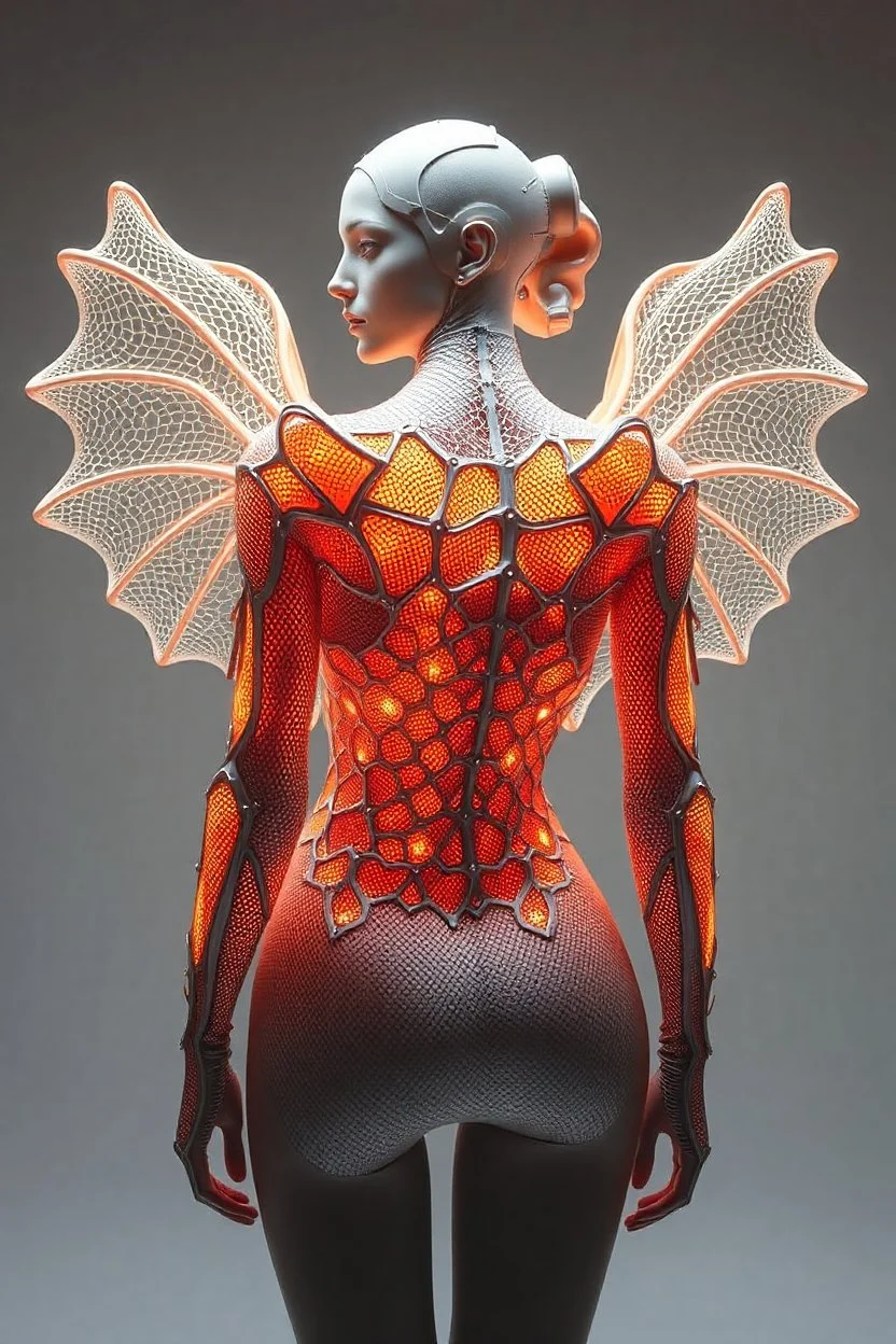 Struttura scultorea semi-rigida, tipo esoscheletro che si apre e si chiude Materiali: stampa 3D bio-based, tessuti fotocromatici, rete metallica ultra sottile Dettagli: Reazioni ottiche alla luce, conchiglia futuristica che pulsa col corpo