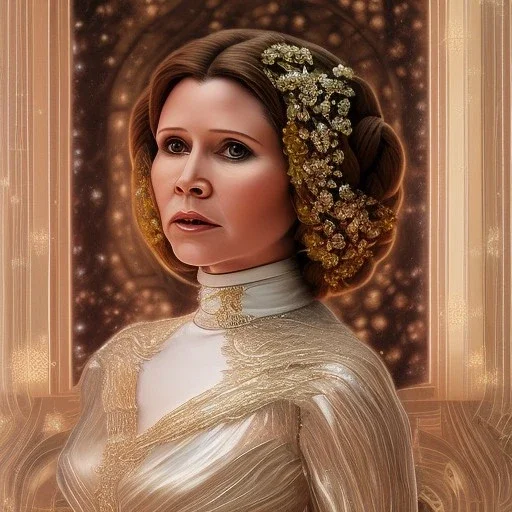 hyperspace background, complete and photo realistic detailed head to waist stunning photo realistic portrait of carrie fisher as Princess Leia in star wars with photo realistic wedding hairstyle by Mandy Jurgens and mucha and Richard Schmid and chuck close and chie yoshii, extraordinary and detailed ceremony dress of star wars,brown eyes