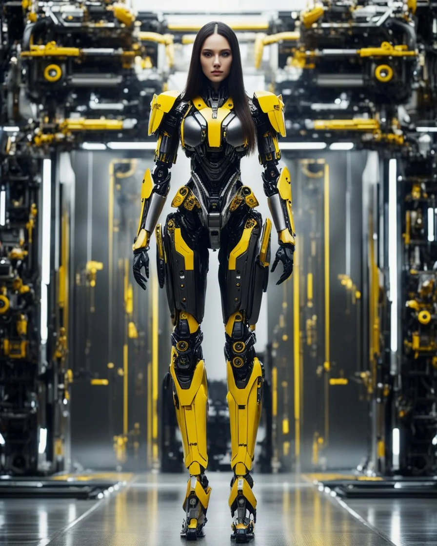 length image full body photo humanoid beautiful woman long hair with body mechanical bLack and yellow inspired design by bumble bee transformer robot sense of luxury technology future background