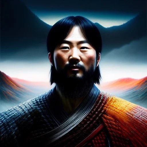 Ultra detailed fullbody Portrait in oil on canvas of Jin Sakai-Ghost Of Tsushima,intense stare,extremely detailed digital painting, extremely detailed face,crystal clear Big eyes, mystical colors ,perfectly centered image, perfect composition, rim light, beautiful lighting,masterpiece,8k, stunning scene, raytracing, anatomically correct, in the style of robert e howard and Ken Kelley and Ohrai Noriyoshi and Simon Bisley and tomzj1