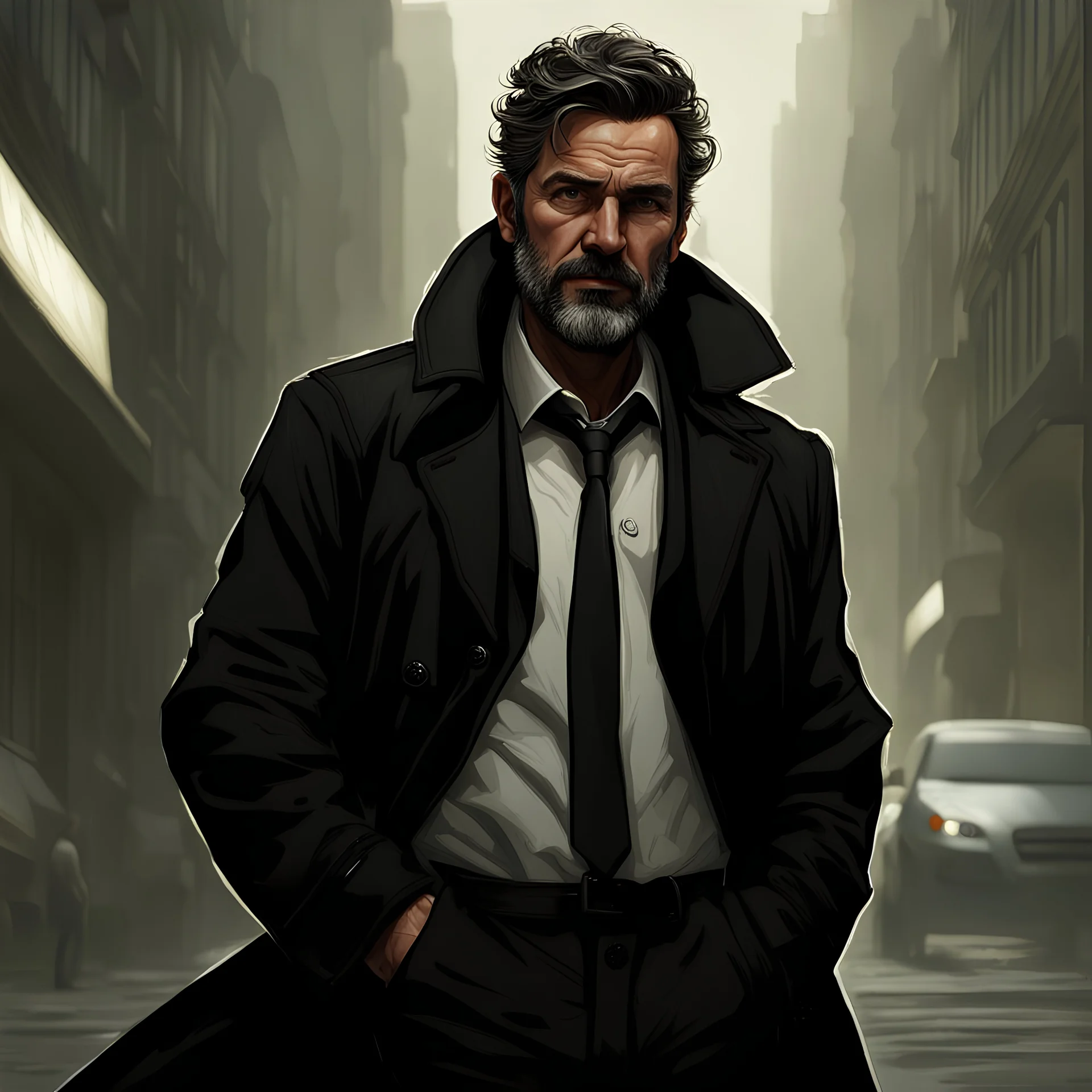 50 year old Male, has short beard, messy hair, wearing black trench coat, Detailed, Realistic