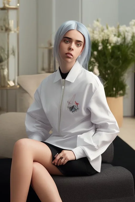 Billie Eilish, sitting on a chair, Black Short Dress, high detail, realistic, 8k