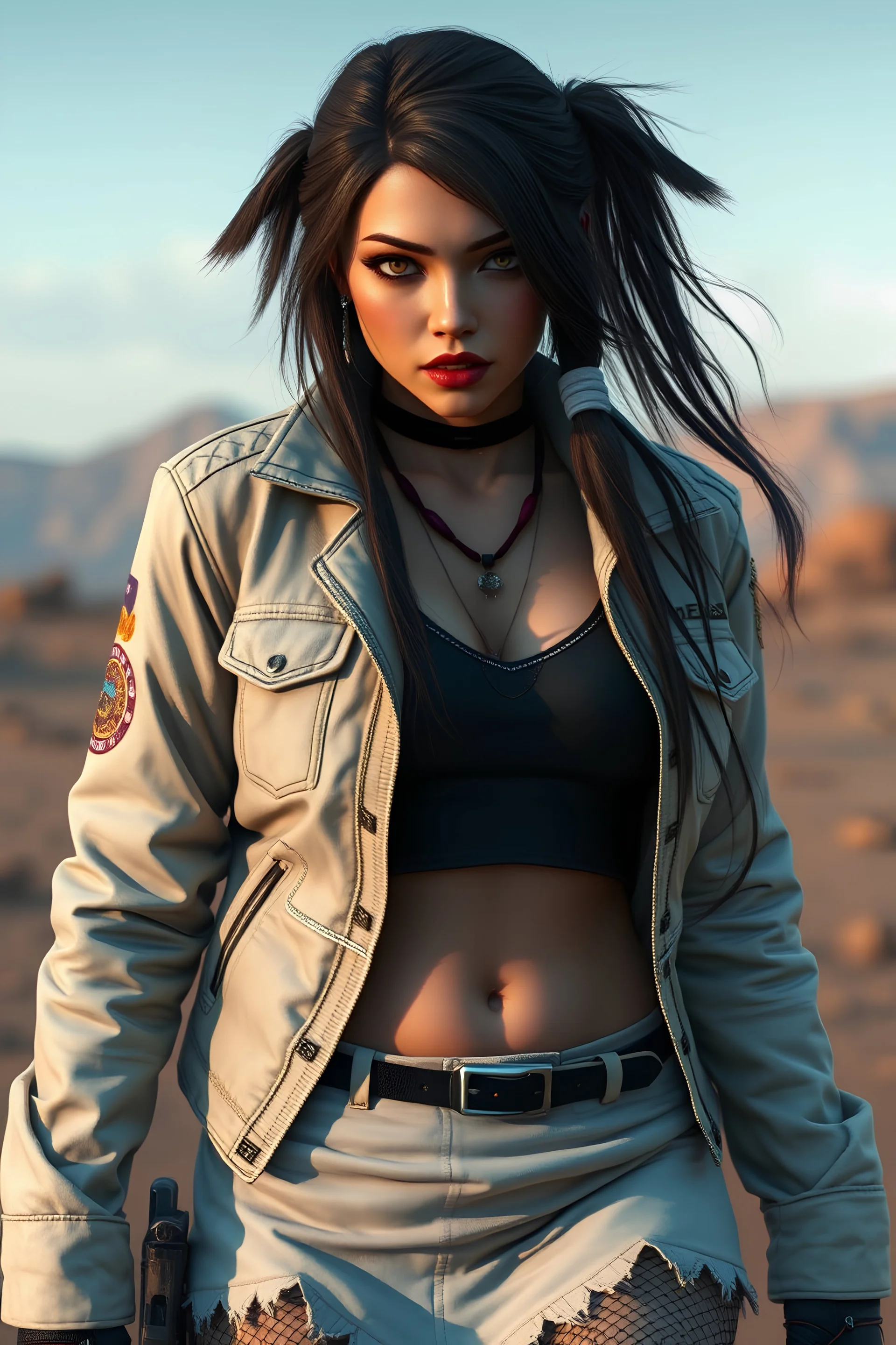 alluring Navaho goth girl, post-apocalyptic scout, white jacket, fishnets, thin and athletic, dark eyeshadow, white skirt, video game character