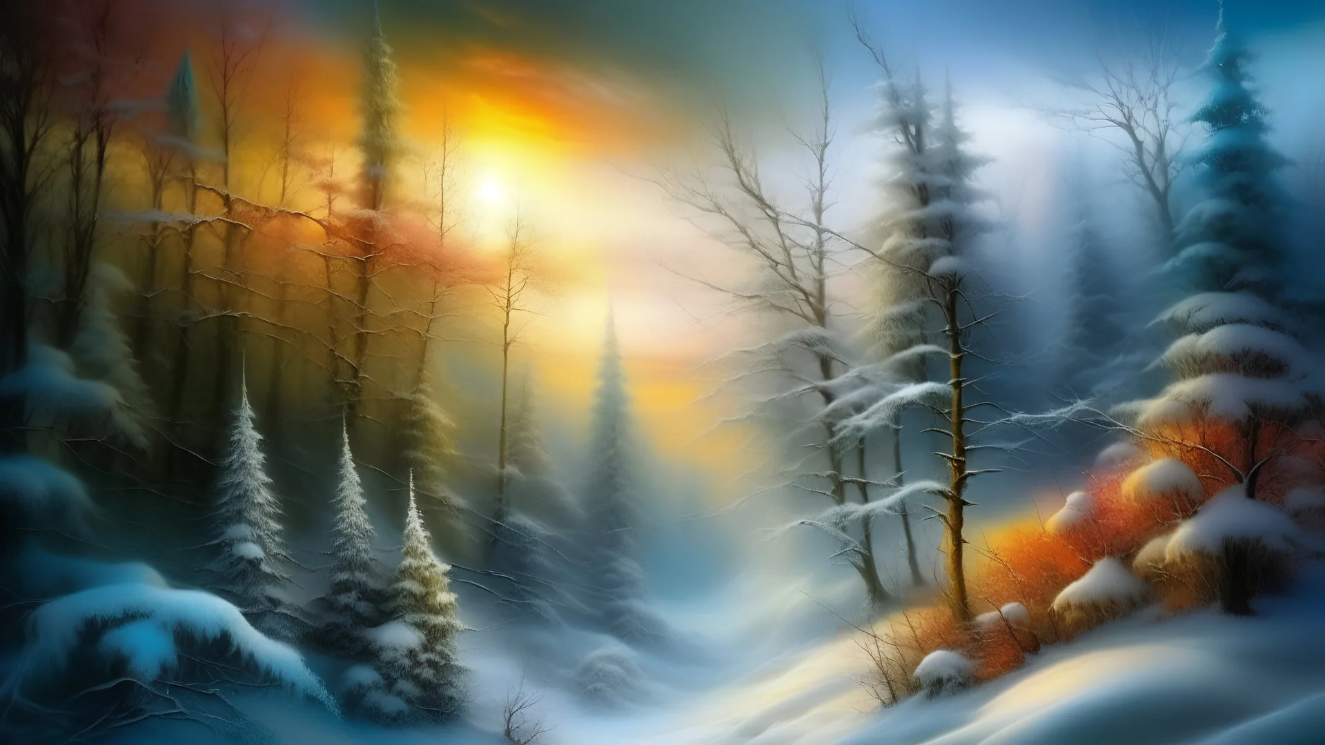 realistic winter landscape with elements of fractal painting, colorful. mighty firs, pines, everything is harmonious and beautiful, frost glitters in the air, super detail, clear quality, winter transparency of icy air, high resolution, Tim Burton, Josephine Wall, Thomas Kinkade Leonid Afremov