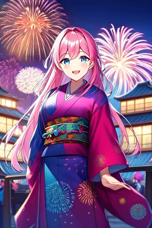 girl, masterpiece, best quality, cinematic lighting, detailed outfit, vibrant colors, perfect eyes, long hair, pink hair, blue eyes, kimono, fireworks, laughing, town,