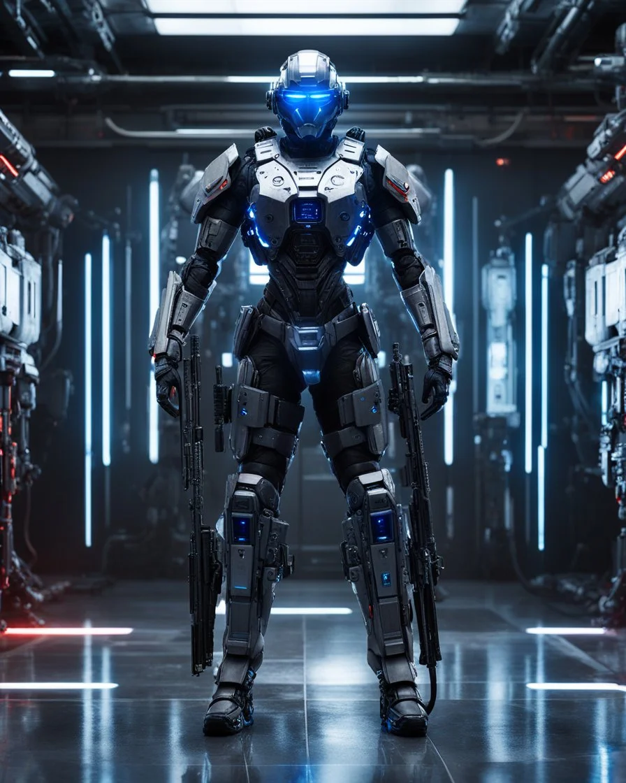 cinematic colors Length picture full body of Futuristic sci fi of a mechanized cyborg police SWAT .high key lighting, 3d bas relief, front view clock, glowing neon nixie eye, wire whiskers cyborg high contrast colors,standing pose with weaponry,futuristic shoes,laboratory digital holograms and weapons storage room background