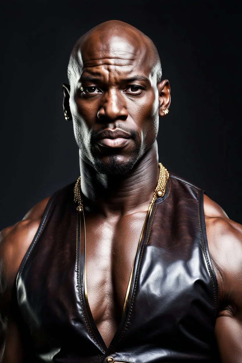 Portrait of a 45 year old handsome dark skinned and muscular heavy set african man with a bald head and neatly trimmed beard wearing a leather waistcoat and no shirt. he has a gold earing in his left ear