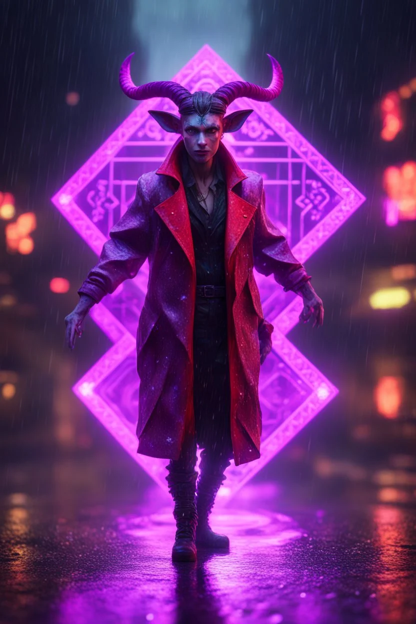 Volumetric satyr lights,paradise sacred geometry framed playing card, black, red, spore and purple neon fire cyber punk dancer thief in soaked rain coat shadows boss card in the style of escher and fallout 4 ,,bokeh like f/0.8, tilt-shift lens 8k, high detail, smooth render, down-light, unreal engine