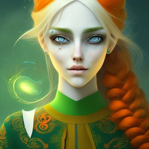 medieval fantasy setting, woman, orange and white hair, green eyes, wavy hair, freckles