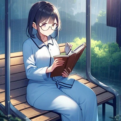 anime girl sitting on a porch swing of an old house, journaling, wearing pajamas, writing in a book, shes watching it rain, more detail on hands and her face,shes deep in her thoughts, wearing glasses, rain drops, she has a pencil in her hand and is writning in the book, she is looking down at what she is writing, lightning