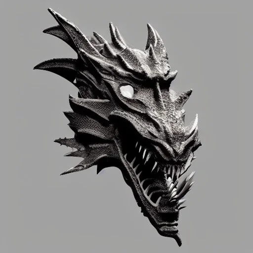  dragon head facing to the side with white, opaque scales, volumetric lighting, photo realistic, dark fantasy, dramatic, ferocious, middle ages, Andy Warhol