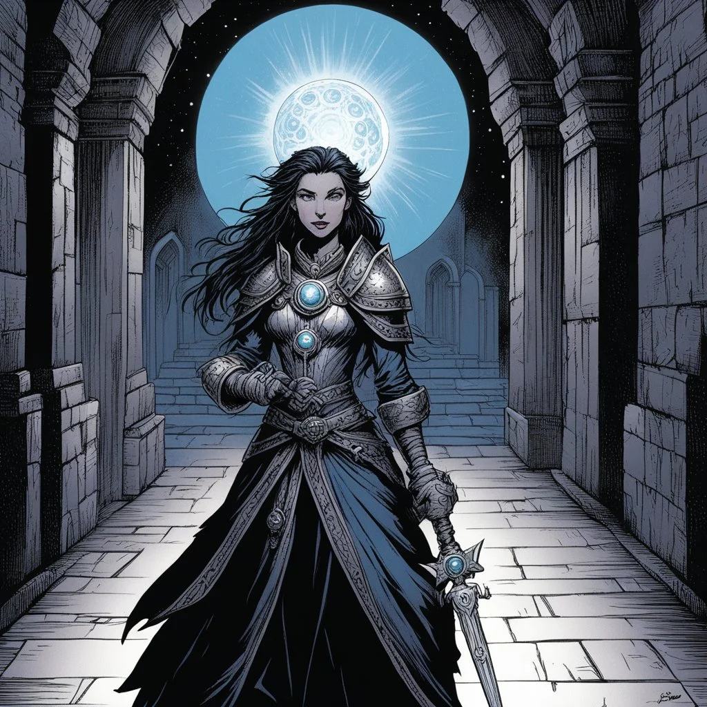 [illustration by Kevin Eastman and Peter Laird] Seraphina walks beside you, her face etched with concentration as she guides the group forward with the aid of the glowing key. The orb pulses with an eerie light, casting long shadows that dance and twist along the passageway walls. Every so often, Seraphina pauses, her brow furrowing as she studies the intricate reliefs carved into the stone. "These symbols..." she murmurs, "they're older than anything I've ever seen before. Older even than the