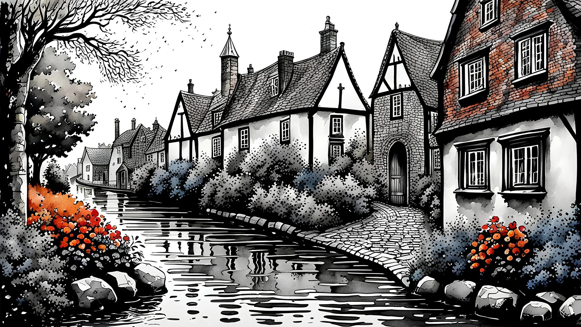 The ink was art, black and white colors with brick, red, brown, blue, gray and orange watercolors, splash art, old vintage English village in summer rain, cobblestone street, bushes, trees, flowers, the passing of time, the atmosphere of the good old days hovering over the village, calm and quiet serene, dim lights, highly detailed, intricate, masterpiece