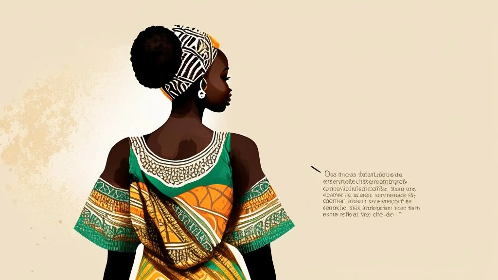 Logo, design, African woman, oil painting, graphic, drawing, without facial features, white background, traditional clothing, cartoon, no features ,patterns in the background, looking back