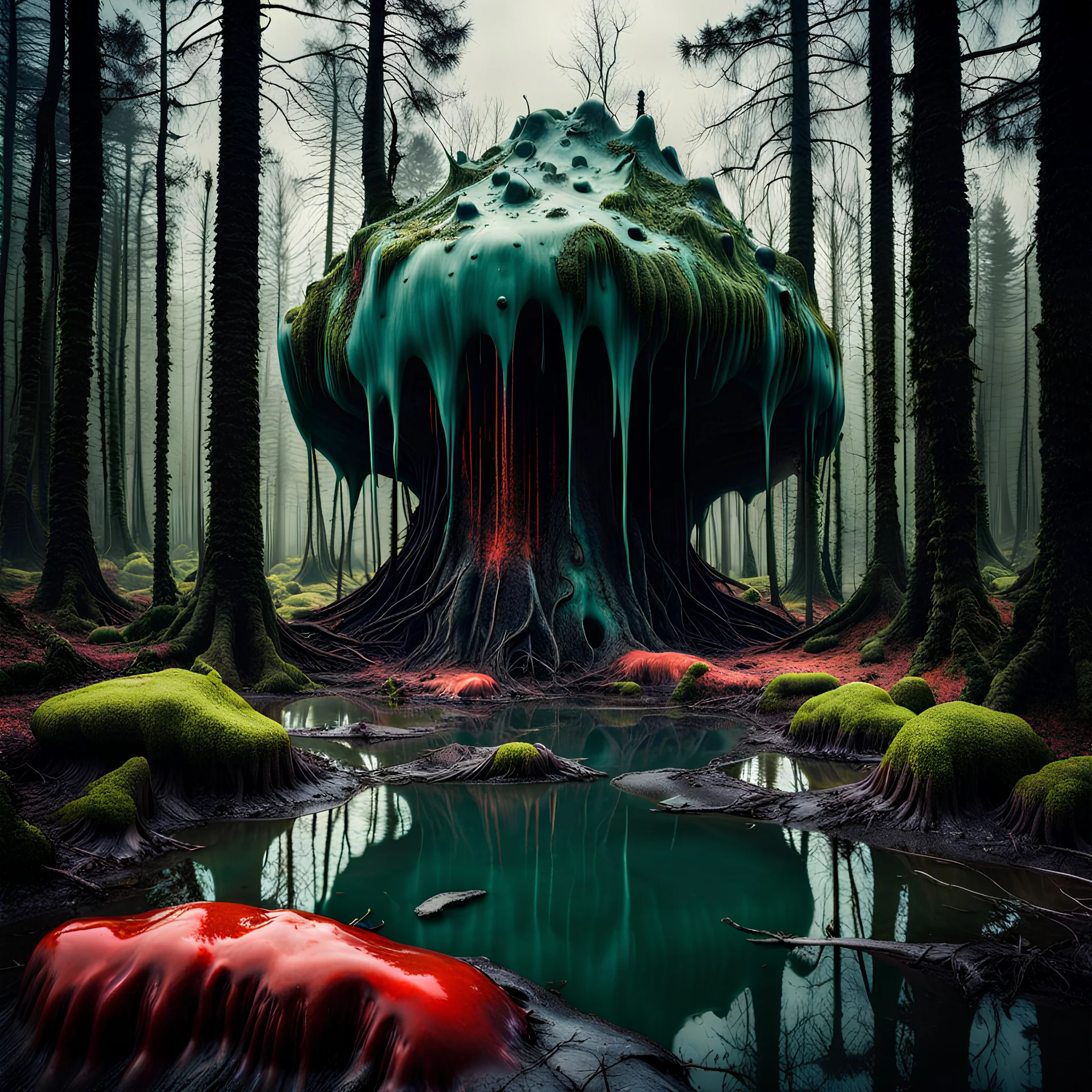 Hyperrealistic photograph, polaroid, irregular swamp, 8k, 3d render, Zdenek Burian, horrific giant blob, melting horror, tridimensional figures, intricate patterns, forest, sinister scribbles, colors, shot on Hasselblad, Yves Tanguy, 33mm photography