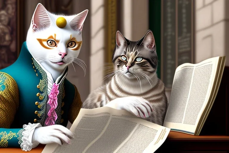 Mature cats dressed like "Wolfgang Amadeus Mozart", paws, playing music, street, Vienna, friendly, sunny day, model style, hyper realistic, extremely accurate, delicate, extremely detailed, Graphic novel style, wide-angle, open aperture, superfine pencil