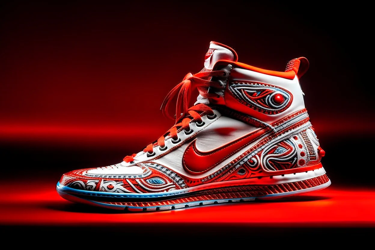 A futuristic white, red and chrome heavy sneaker based on mexican traditional folk art, nike logo trade mark