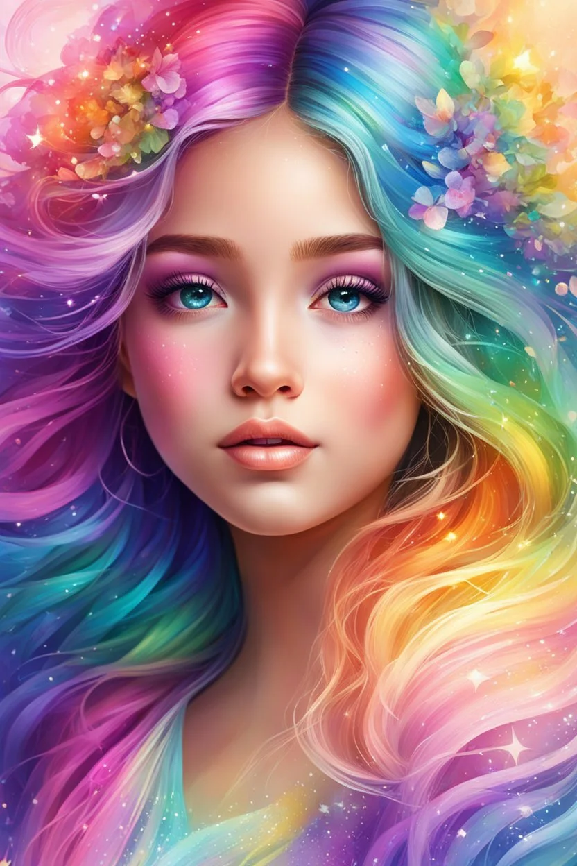 Adorable digital painting style. Pastel hues adorn her every trace, A rainbow girl with a shimmering embrace, Her eyes, glistening with dreams and grace, A vision of magic, lighting up any space. highly detailed, ink colored, 4k, high quality