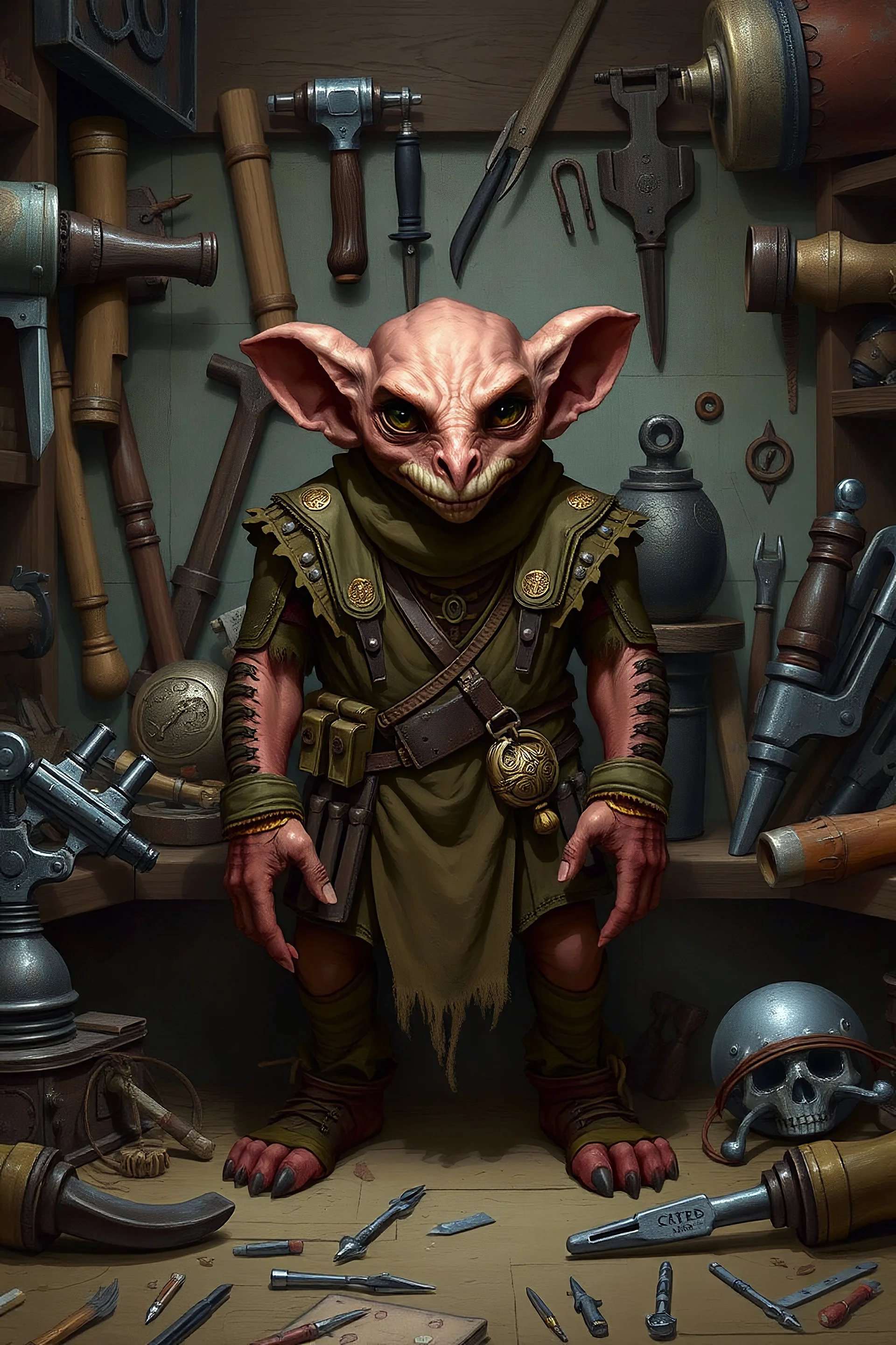 A DnD kobold tinkerer with a proud stare, standing in the middle of several cartes of tools and salvaged items.