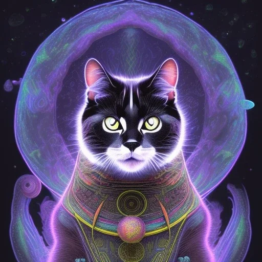 mystical black cat sits on a psychedelic mushroom and huge crystals