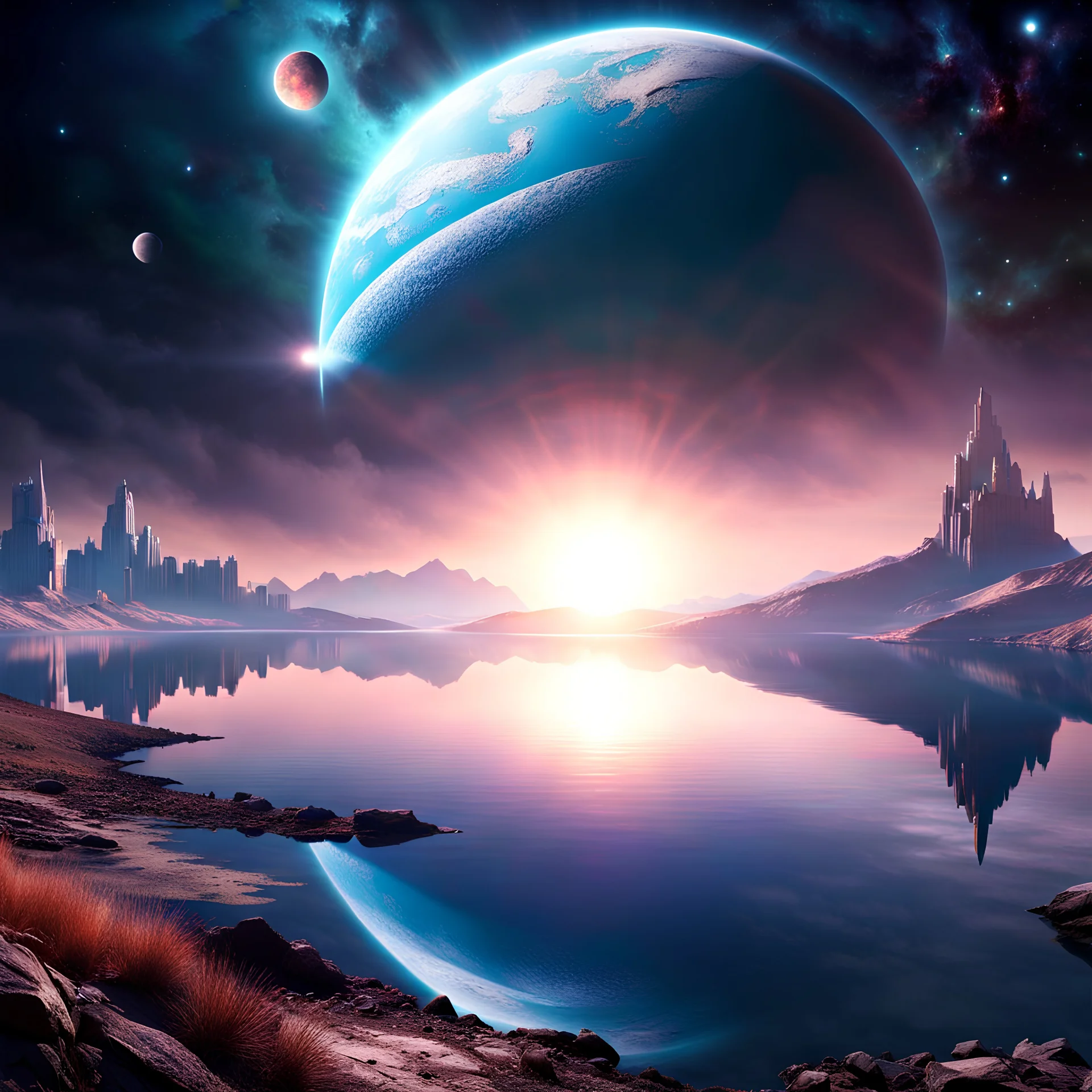 A lake, on a distant planet, reflections of a sun, a distant citi-scape of an alien civilization, peaceful, awesome