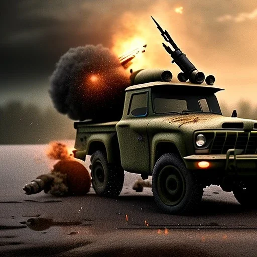 very very very hyperrealistic shot, military pickup truck, heavy guns firing on back, monotone color palette, sharp focus, puddle reflection, tire water splash, refraction, mist on the horizon, shadowcast, god rays, very very very very detailed and intricate, cinematic composition, macro, tilt shift photography