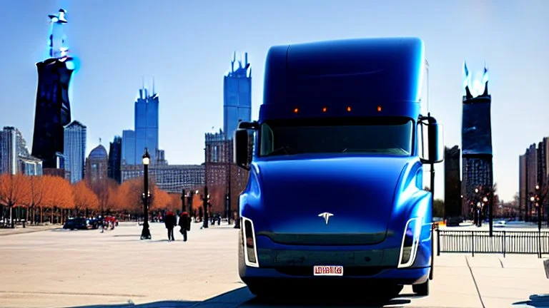 A Tesla semi-truck is parked, on the Navy Pier, in Chicago. CINEMATIC. WIDE ANGLE LENS. PHOTO REAL.