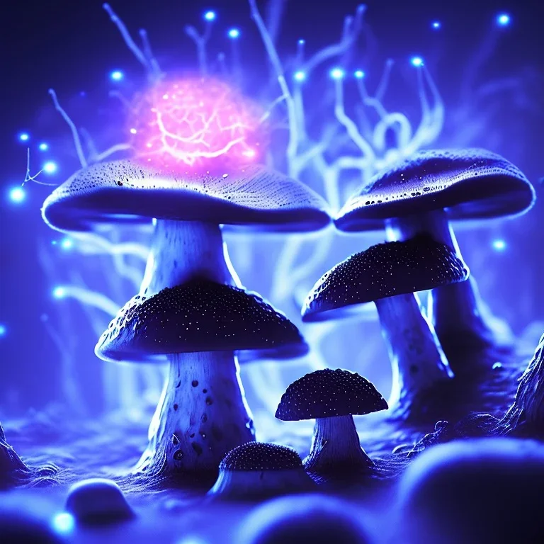 Spherical Frost metal magic armoured lightning glowing Mycelium MUSHROOM stars galaxy SPACE lANDSCAPE BURNING IN BLUE FLAMES hellfire abyss math chaos vivid cell