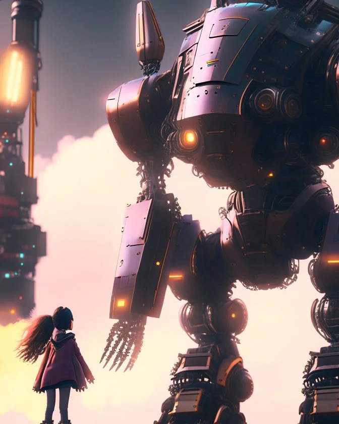 giant robot firing rockets in a small human woman, intricate mech details, ground level shot, 8K resolution, Cinema 4D, Behance HD, polished metal, Unreal Engine 5, rendered in Blender, sci-fi, futuristic, trending on Artstation, epic, cinematic background, dramatic, atmospheric