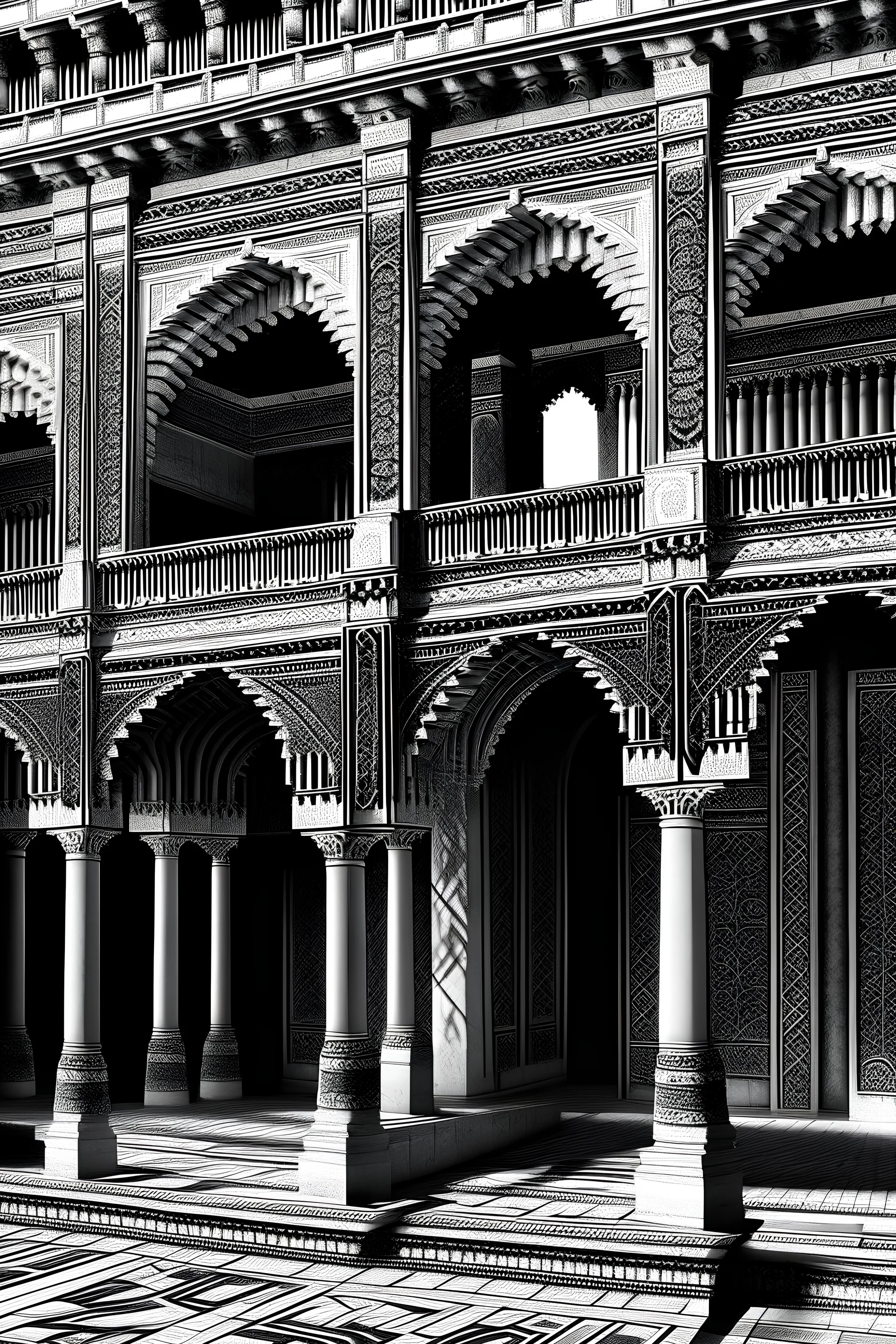 Illustrate the intricate architectural details of the Alhambra Palace in Granada, showcasing the influence of Moorish design make the image in black and white format