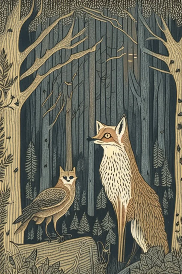 in the style of Henry Justice Ford, a drawing of a forest in which a fox meets an owl