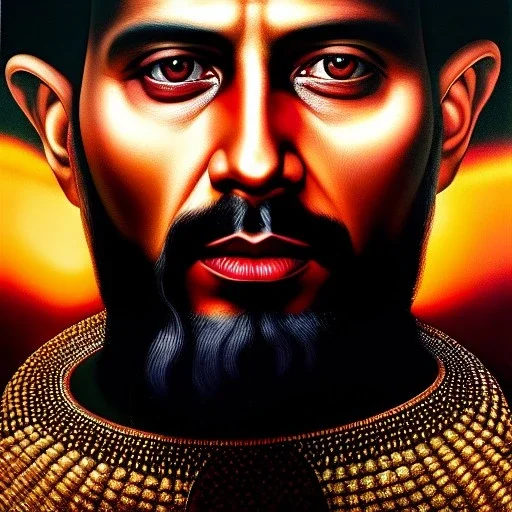 portrait oil on canvas,'And shall go out to deceive the nations which are in the four quarters of the earth, Gog, and Magog, to gather them together to battle: the number of whom is as the sand of the sea', minimal armor,comic book cover, mystical colors,insanely detailed,realistic,intrincate detail,crystal clear eyes,perfectly drawn face, 16k resolution, masterpiece,Simon Bisley,Frank Frazetta,Alex Horley,ARTHUR ADAMS