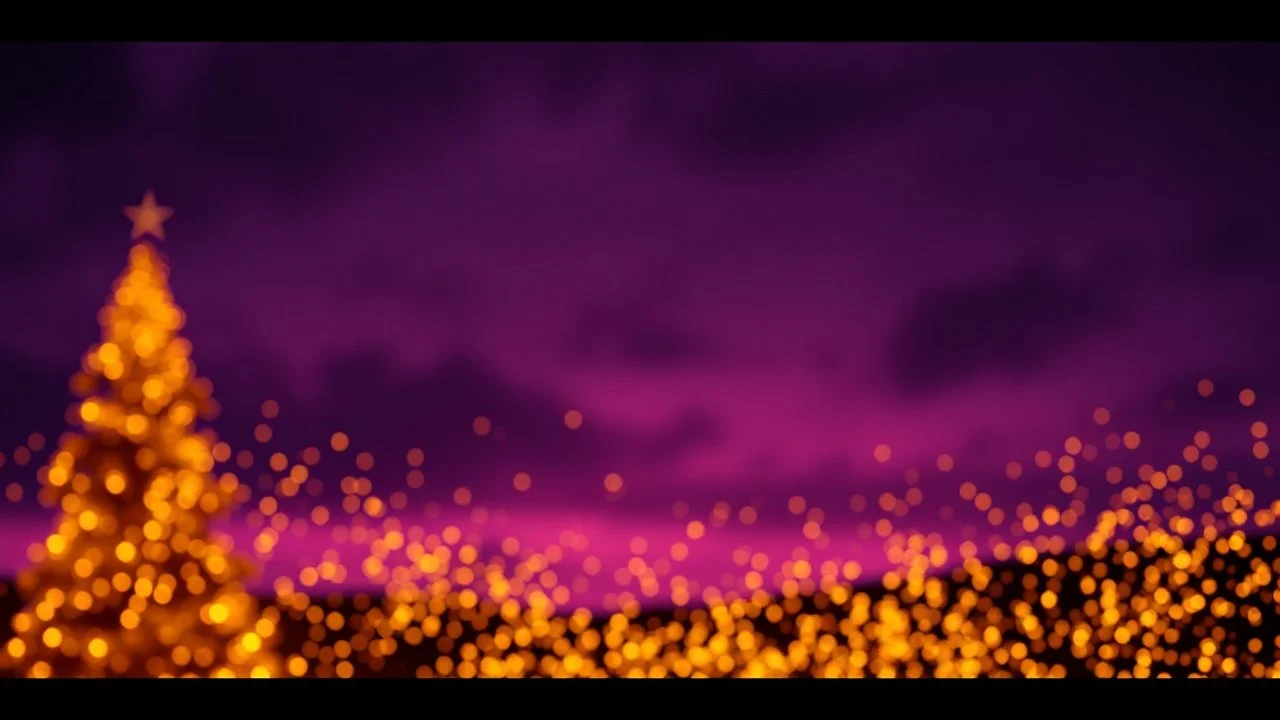 Golden Sparkling Christmas Background With Purple Navy-Blue And Black Sky Showing Dramatic And Cinematic Ambiance.