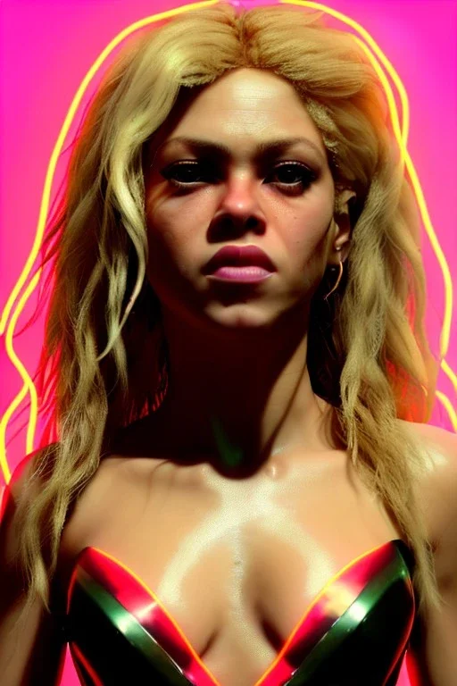 portrait, Shakira, blonde artist, angry, Realistic image, latex style dress. Skewers, loose long hair, eyes make up, perfect, glow, circle iris. Neon colors, leds, geometric shapes. Dark background, photo studio, neon lights. Mad max, concept art, smooth, unreal engine 5, god lights, ray tracing, RTX, lumen lighting, ultra detail, volumetric lighting, 3d, finely drawn, high definition, 4k.