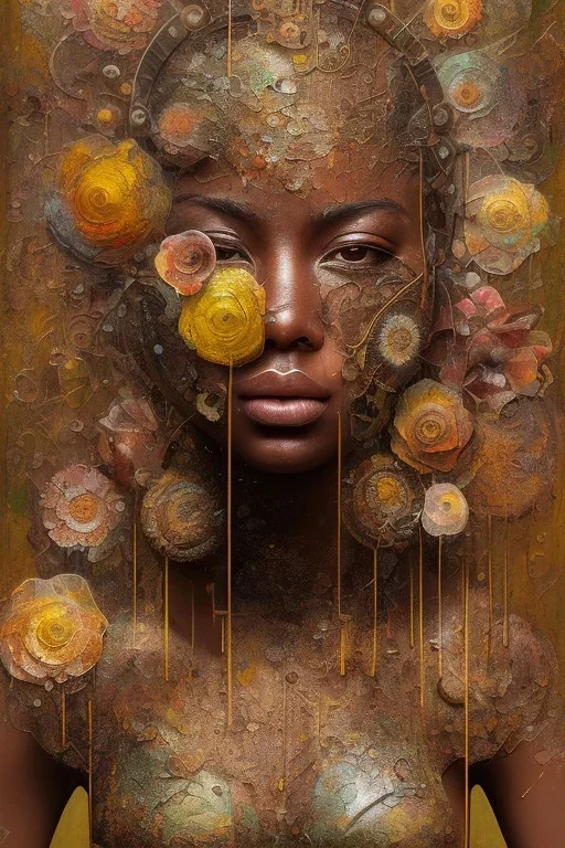 an abstract painting of rusted metal and flowers, african, rust, scaffolding, iron cladding, decay, mixed media, textured, anatomically correct, beautiful perfect face, sharp focus, highly detailed