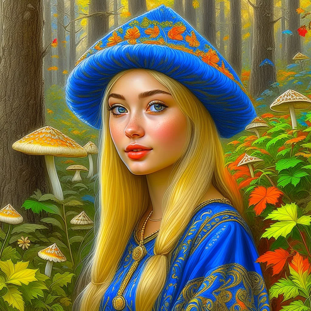 Blue eyed blonde women in traditional dress, nature background, painted, digital painting, water color, 24k, high resolution, highly detailed, cozy, forest with leafs, mushrooms and flowers, smooth, art by JOHN STEPHENS