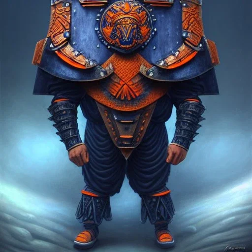 a fierce warrior in full navy blue and orange battle armor, with an S shaped shield, holding a basketball, a highly detailed illustration, background of Inka jungle, realistic render, 8 k, micro detail, intricate, elegant, centered, digital painting, Artstation, smooth, sharp focus, illustration, artgerm, tomasz alen kopera, peter mohrbacher, donato giancola, joseph christian leyendecker, wlop, boris vallejo