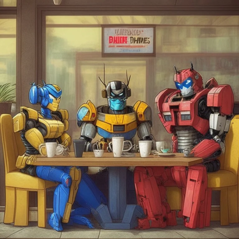 Optimus prime, bumblebee and ratchet at the cafe, sitcom style tv show.