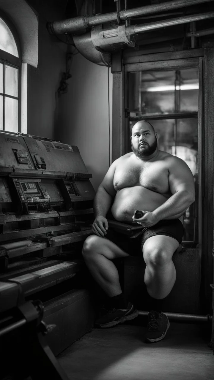 sardininan strong chubby 30 year old man in bulging tracksuit, short beard, shirtless, printer in an old printing house, next to a huge old printer, dim light, side light, ambient occlusion