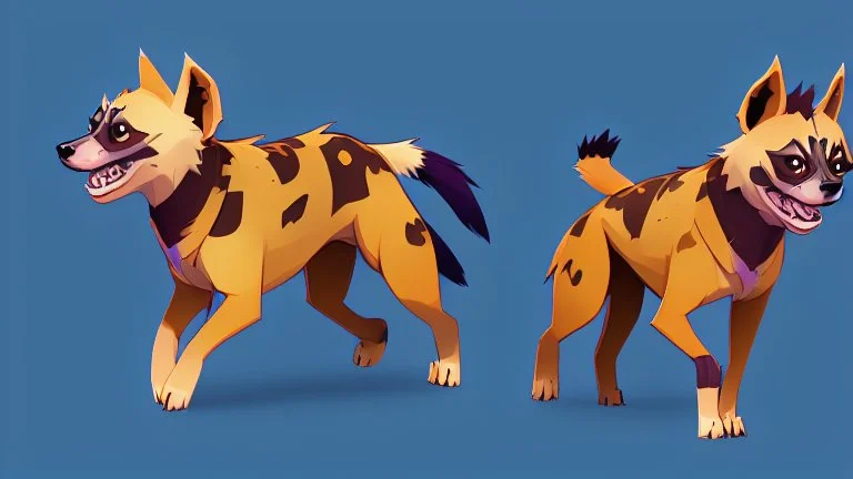 Cute chibi-style hyena dog, chasing its own tail, cartoony, colorful, exaggerated, simplified, adorable