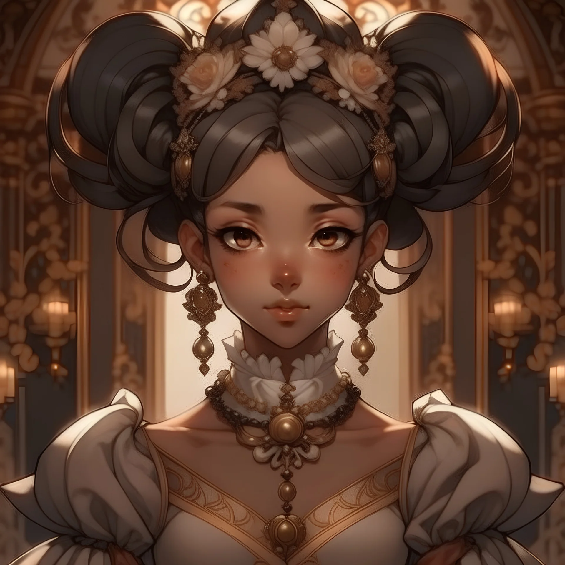 Queen, brown eyes, brown skin, black hair in a fancy bun, anime style, rococo outfit, front facing,