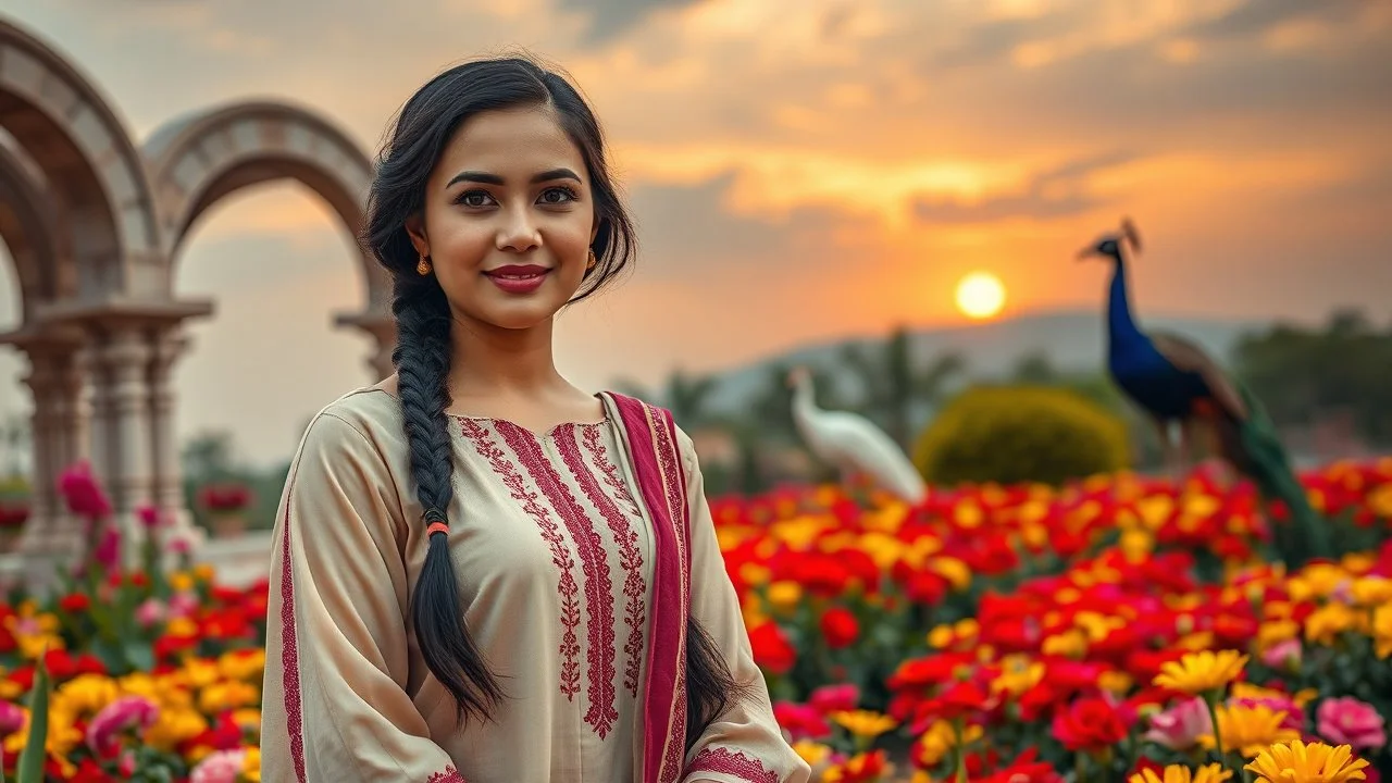 Hyper Realistic Photographic Close 3rd-Rule View Of A Beautiful Pashto Woman (With Beautiful Eyes Lips & Nose, & Long Black braid Hairstyle ; Wearing Beige Frock With Maroon & Purple Stripes & white embroidery) Happily Standing In A Beautiful Colorful Flower Garden With Fancy Stone Arches & A Peacocks Far Behind Her At Beautiful Cloudy Sunset Showing Dramatic & Cinematic Ambiance.